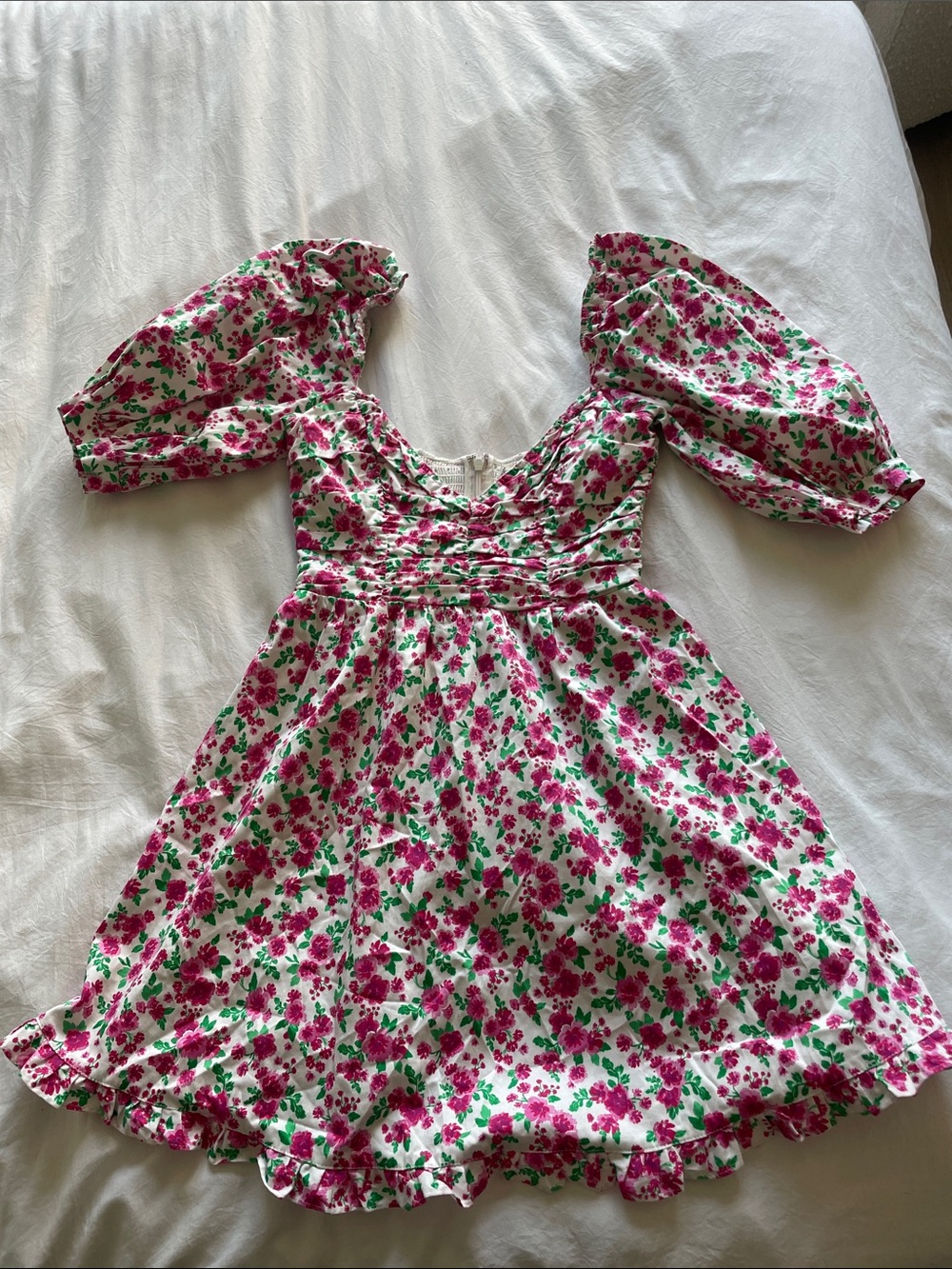For Love And Lemons Pink Floral Puff-Sleeve Mini Dress